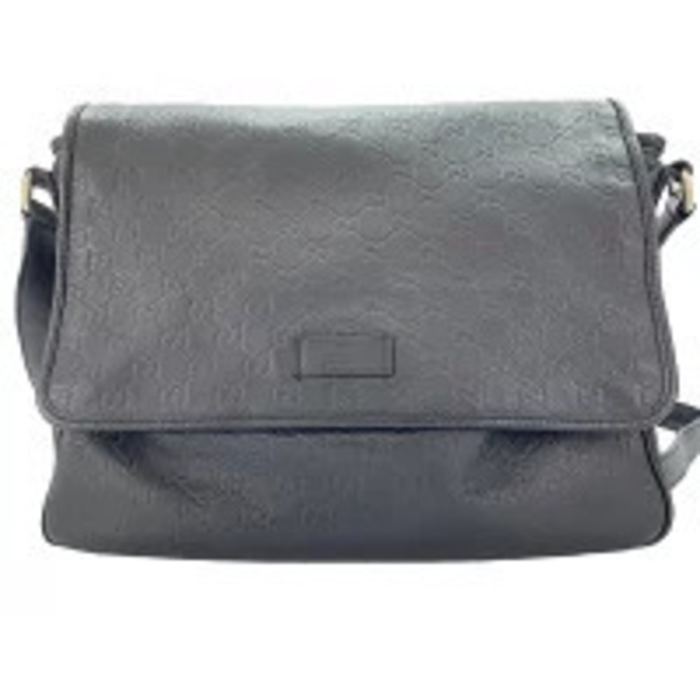 Gucci black leather messenger bag front flap embossed